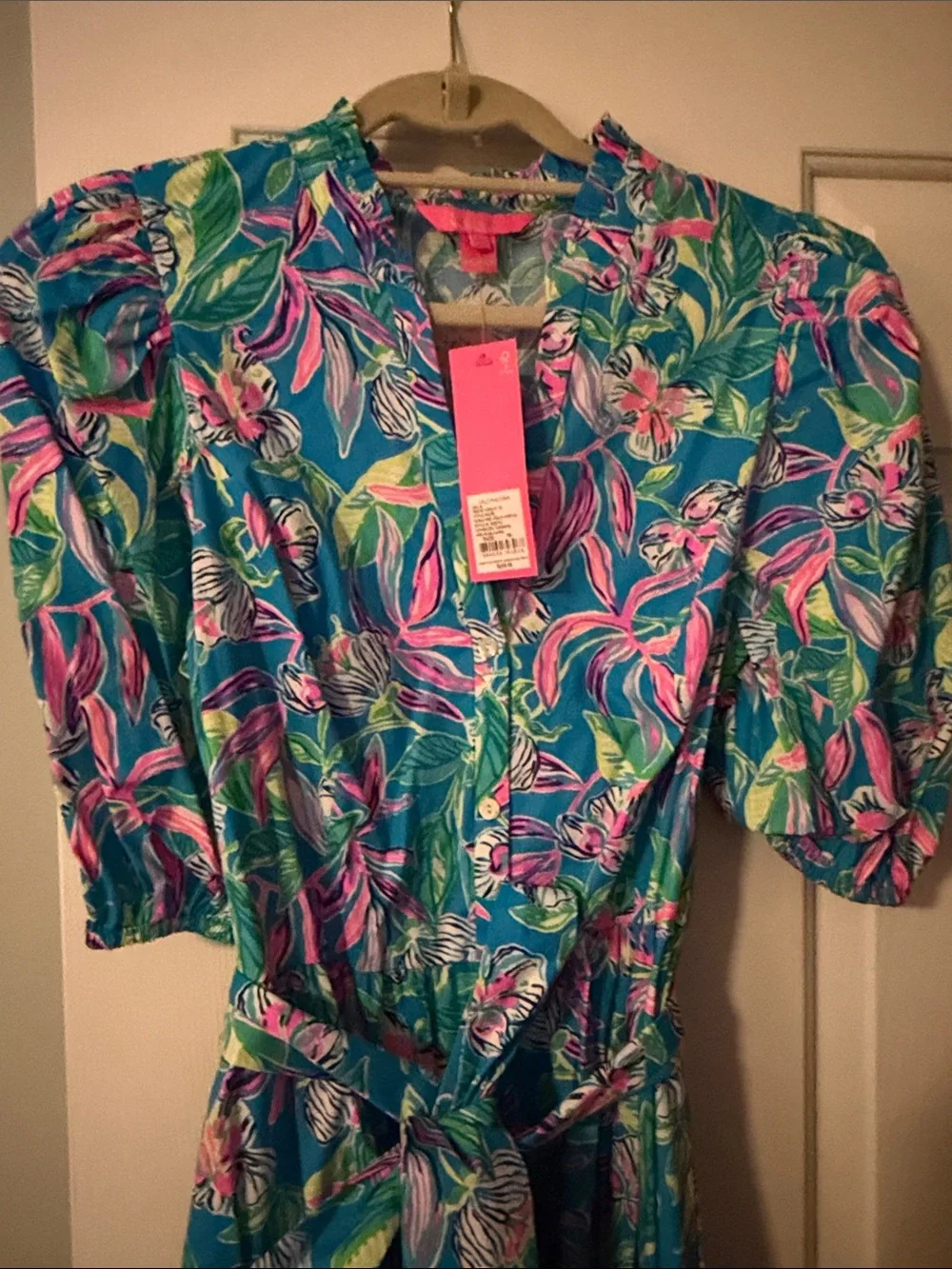 Lilly Pulitzer Turquoise Floral Midi Dress with Pink & Lime Leaves - Picture 4 of 5